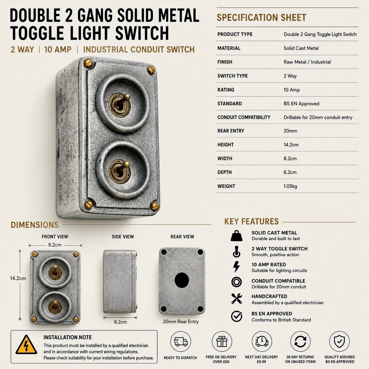 Double 2 Gang Cast Metal Light Switch | Industrial 2 Way Toggle Switch | Vintage Crabtree Style