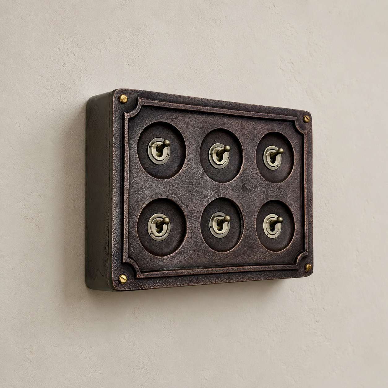 6 Gang 2 Way Antique Copper Toggle Light Switch | Metal Conduit