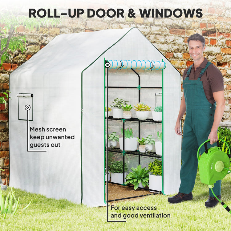 Outsunny Walk-in Greenhouse with 8 Shelves, Outdoor Small Greenhouse, White
