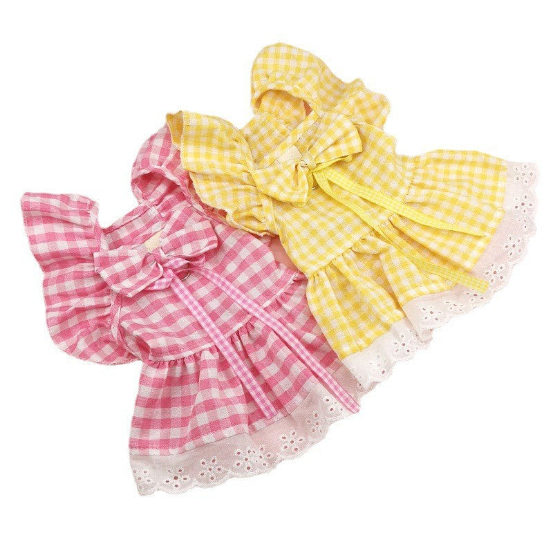 Pet Flying Shoulder Sleeve Plaid Lace Dog Skirt