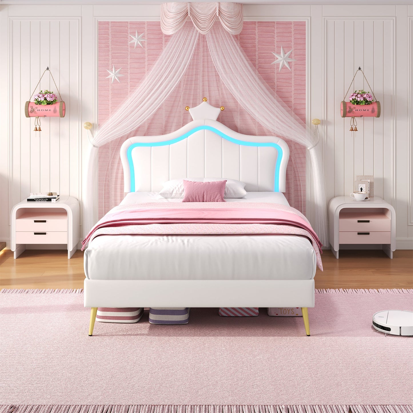 3ft Single Bed with LED Lights Princess Crown Headboard PU Leather Cream White