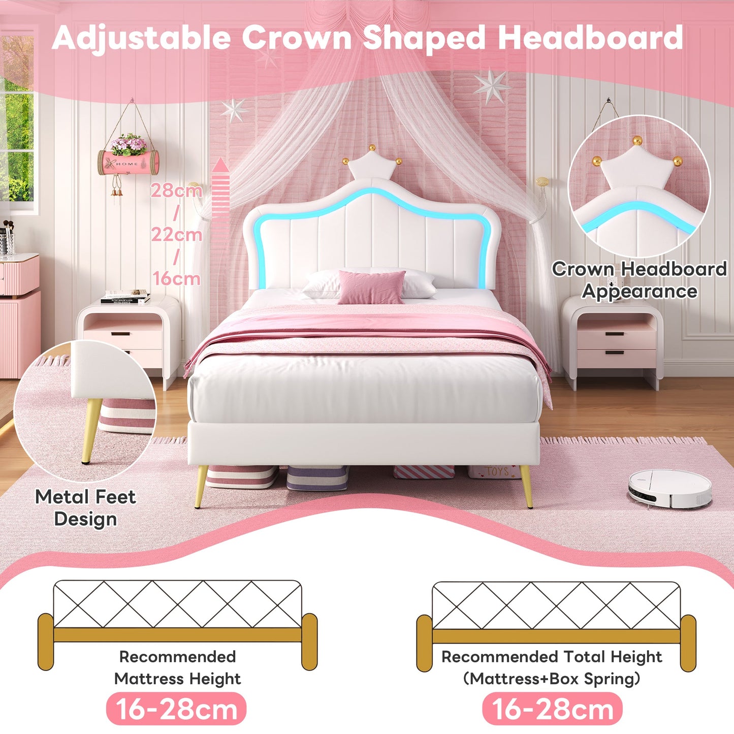 3ft Single Bed with LED Lights Princess Crown Headboard PU Leather Cream White