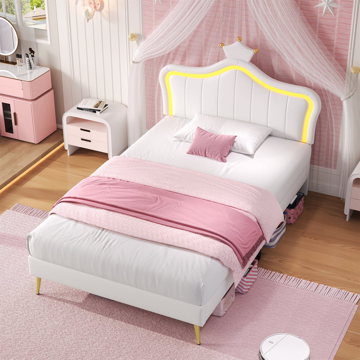 3ft Single Bed with LED Lights Princess Crown Headboard PU Leather Cream White