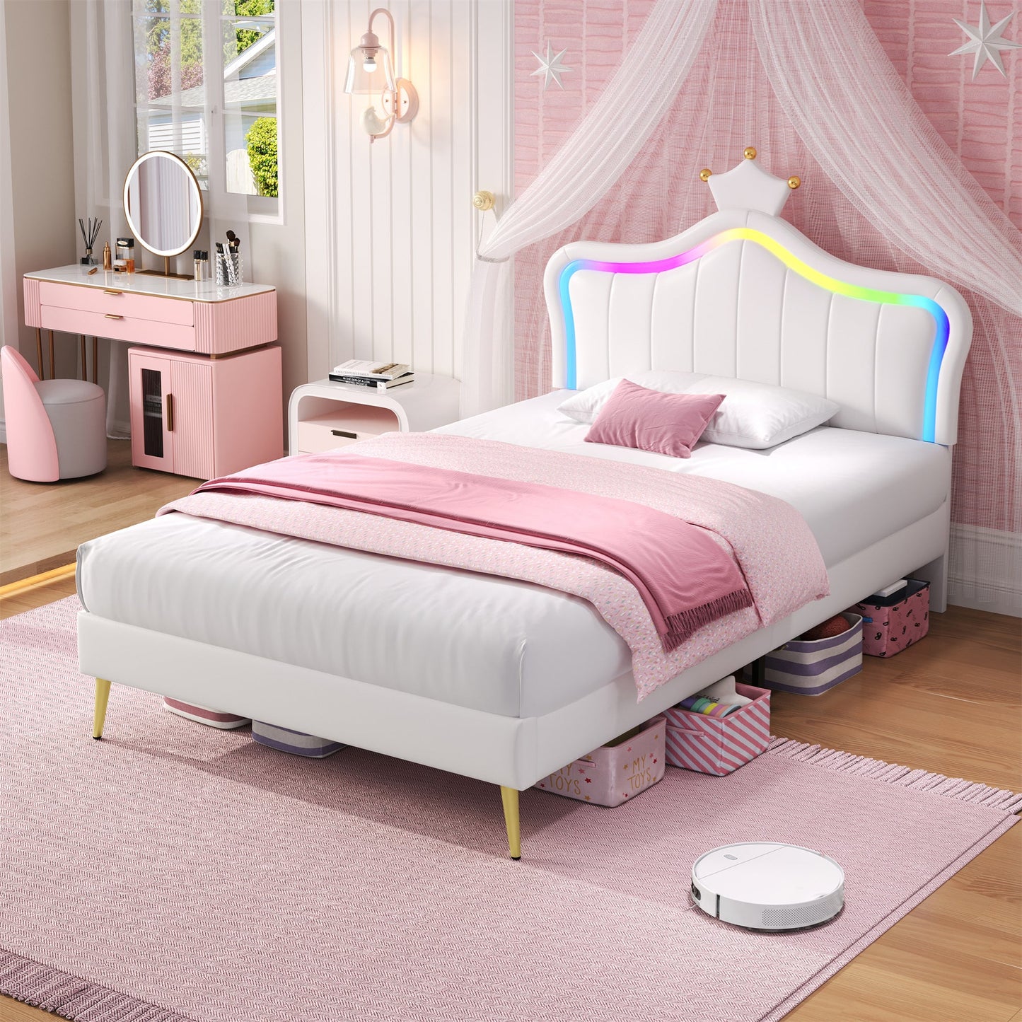 3ft Single Bed with LED Lights Princess Crown Headboard PU Leather Cream White