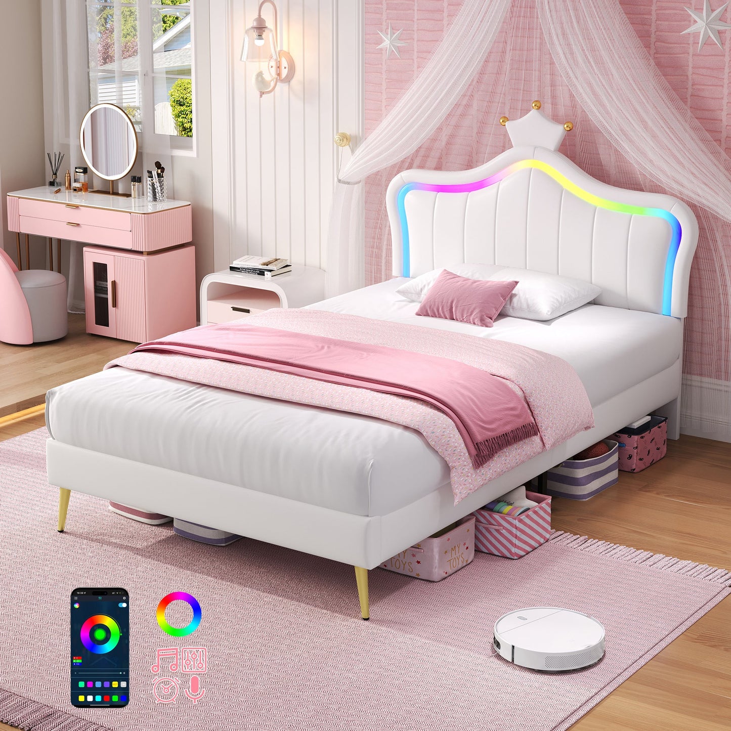 3ft Single Bed with LED Lights Princess Crown Headboard PU Leather Cream White