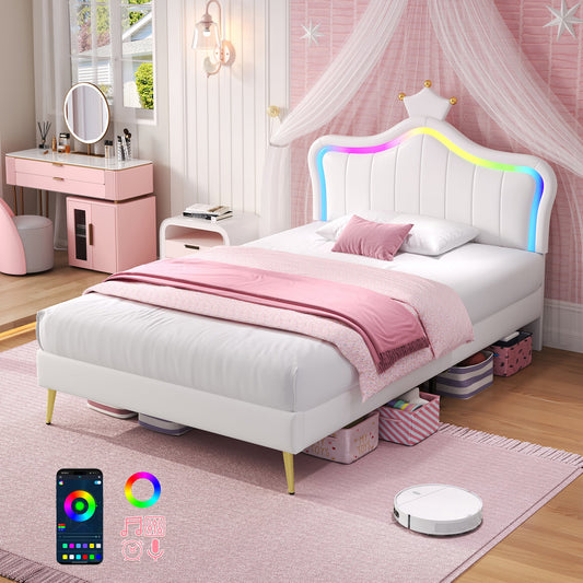3ft Single Bed with LED Lights Princess Crown Headboard PU Leather Cream White