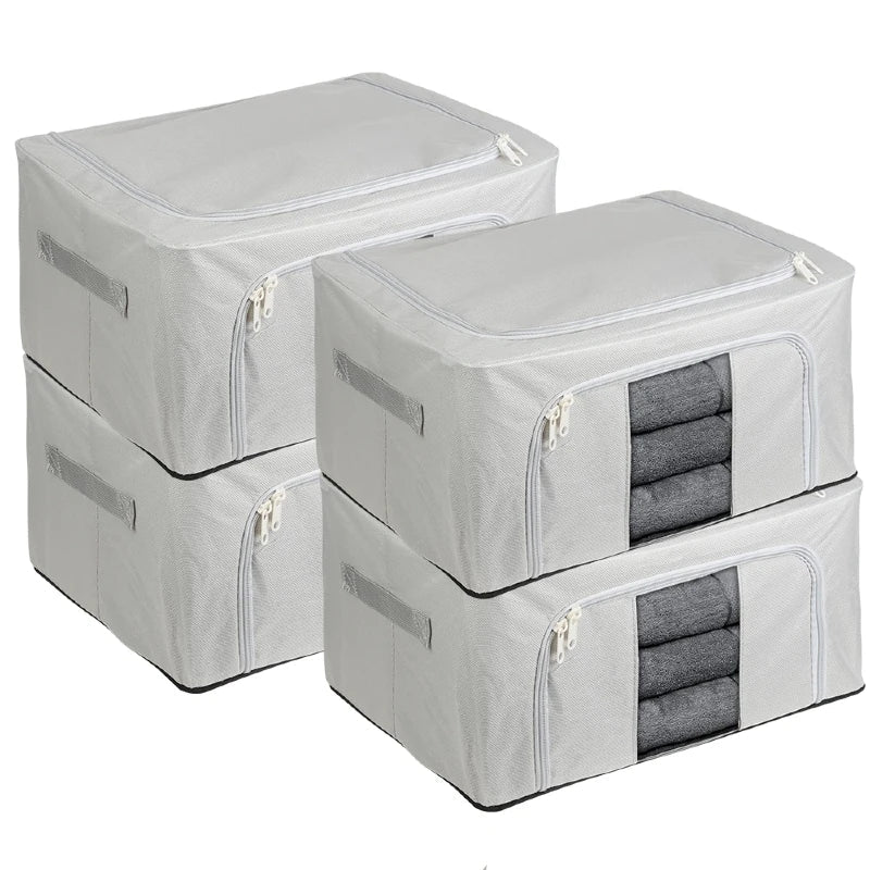 4 Pack 66L Clothes Storage Bags with Metal Frame Oxford Foldable Organisers Box