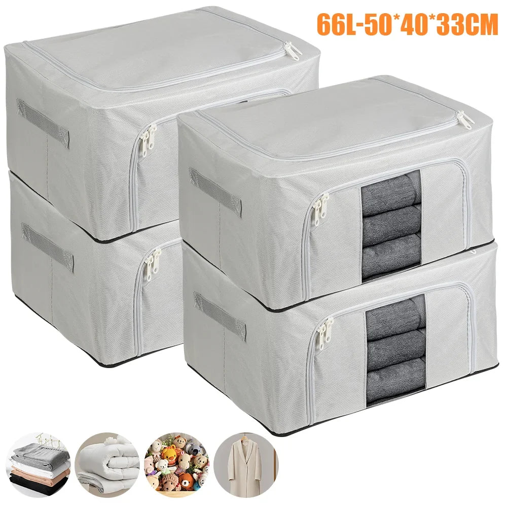 4 Pack 66L Clothes Storage Bags with Metal Frame Oxford Foldable Organisers Box