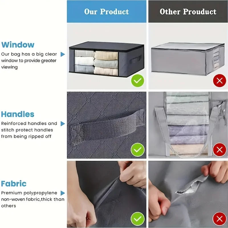 4 Pack Foldable Clothes Storage Bags 48cm Grey Organiser Boxes Window Zip Box