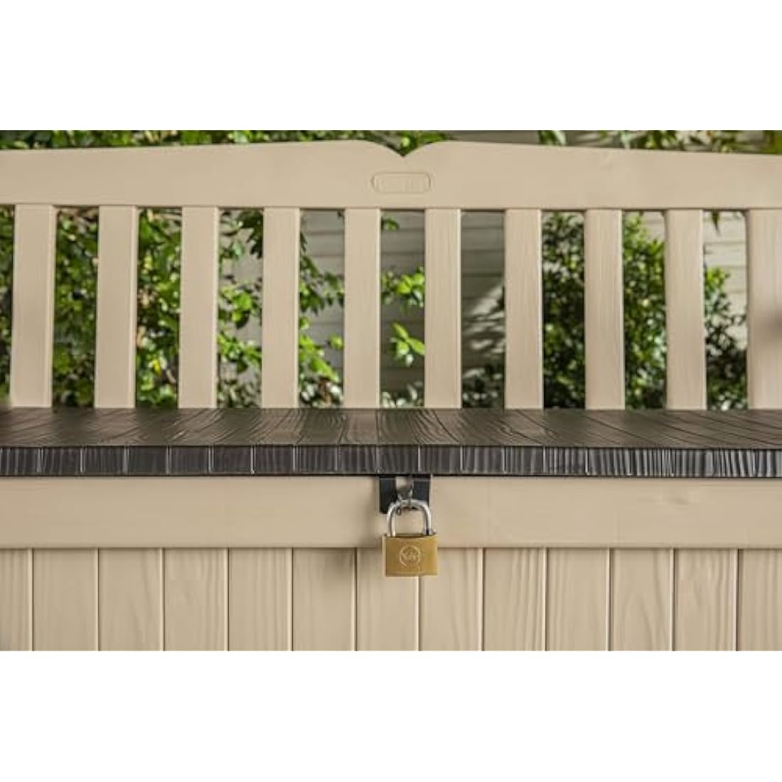 Keter Eden Bench 265L Outdoor 60% recycled Garden Furniture Storage Box Beige & Brown Wood Panel Effect | Fade Free | All Weather Resistant | Safe and Secure | Zero Maintenance | 2 year Warranty