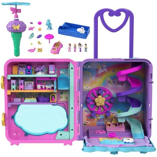 Polly Pocket Pollyville, Resort Roll Away Playset with Rolling Wheels, 5 Play Areas, 4 Dolls, 1 Vehicle, 30 Toy Accessories, Toys for Ages 4 and Up, HKV43