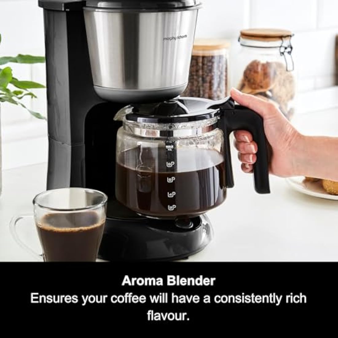 Morphy Richards Equip Filter Coffee Machine, Coffee Maker for Instant Coffee, Pour Over Technology, 10 Cup, Anti Drip, Reusable Filter, Keep Warm, Aroma Blender, Black/Brushed Steel, 162501