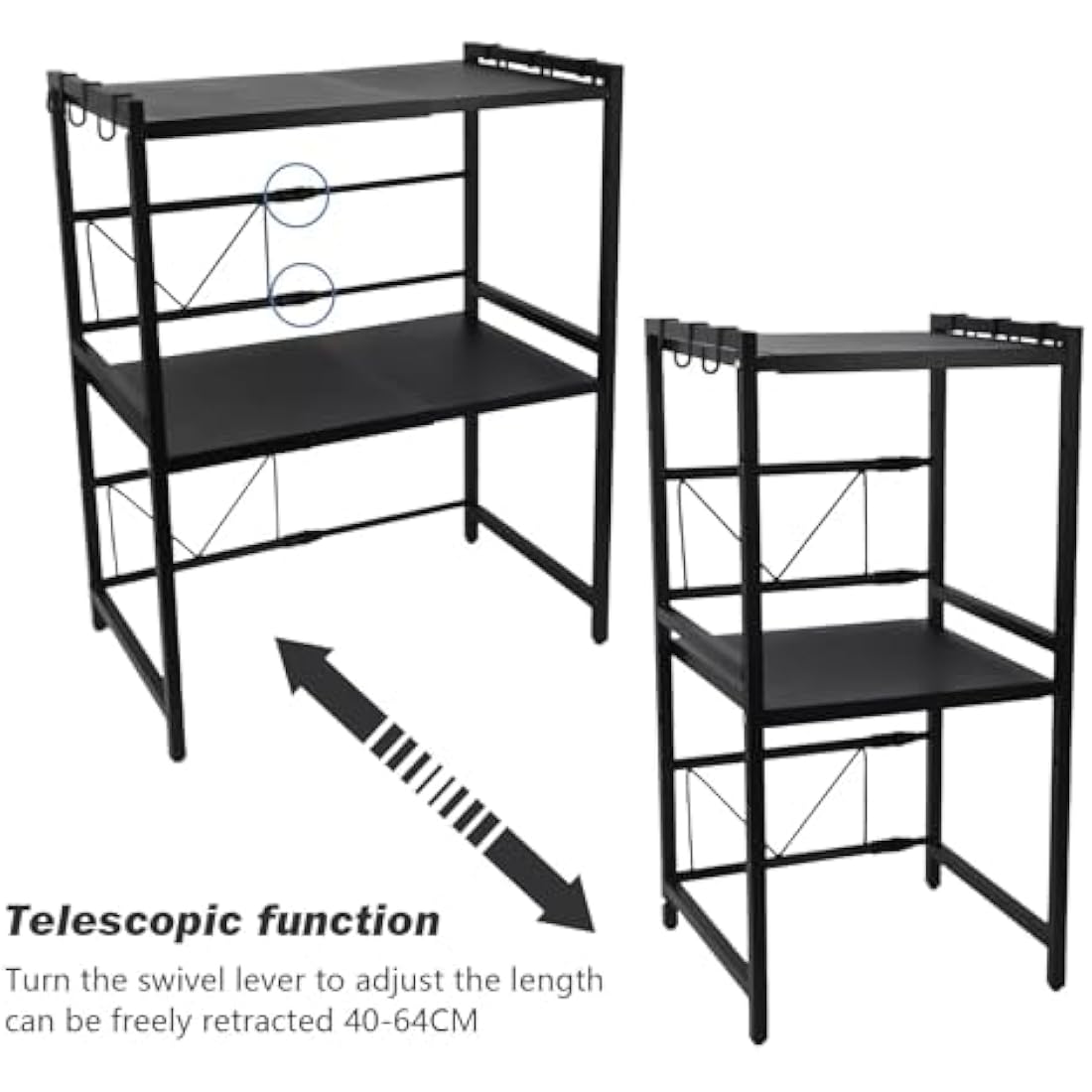 Multibao Expandable Microwave Shelf, 3 Tier Microwave oven Rack Stand Storage Holder Kitchen Corner Shelf Desktop Printer Shelf Rack, Bakers Rack (Black)