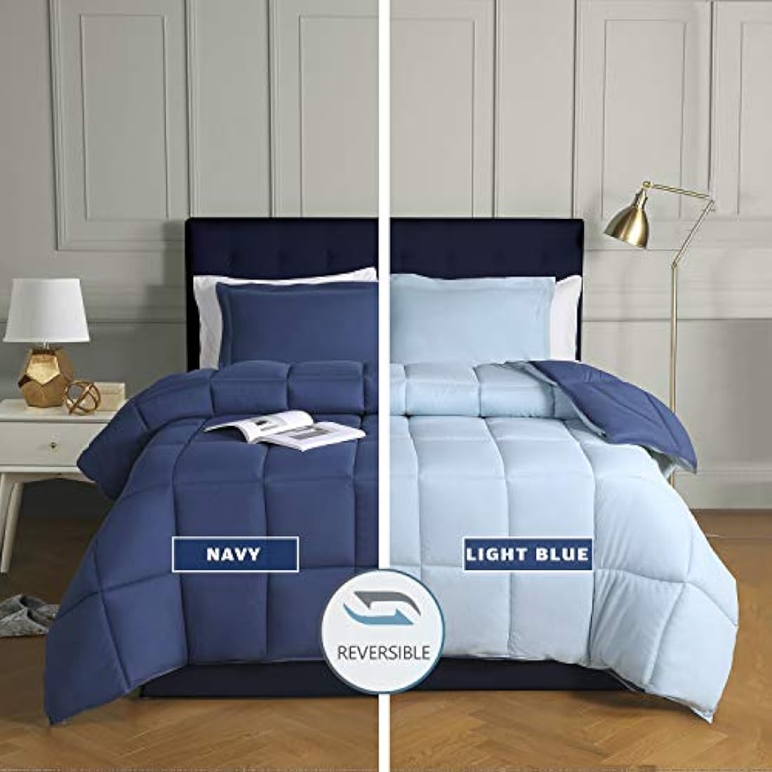 HIG 3 Pieces Navy Blue Coverless Duvet King - 240 x 220cm - Cassette Box Construction - Corner Duvet Tabs - Solid Reversible 10.5 Tog Comforter Set - 100% Down Alternative & Breathable Bedding
