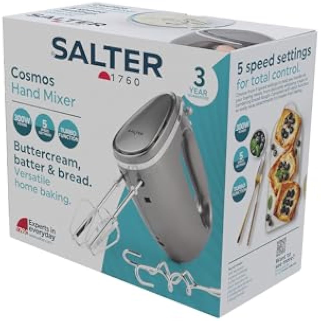 Salter EK4249GUNMETAL Cosmos Hand Mixer – Electric Baking Whisk, 5 Speed With Turbo Setting, Eject Function, Easy Cleaning, Includes 2 x Stainless Steel Mixing Beater and Dough Hooks, Grey, 300W