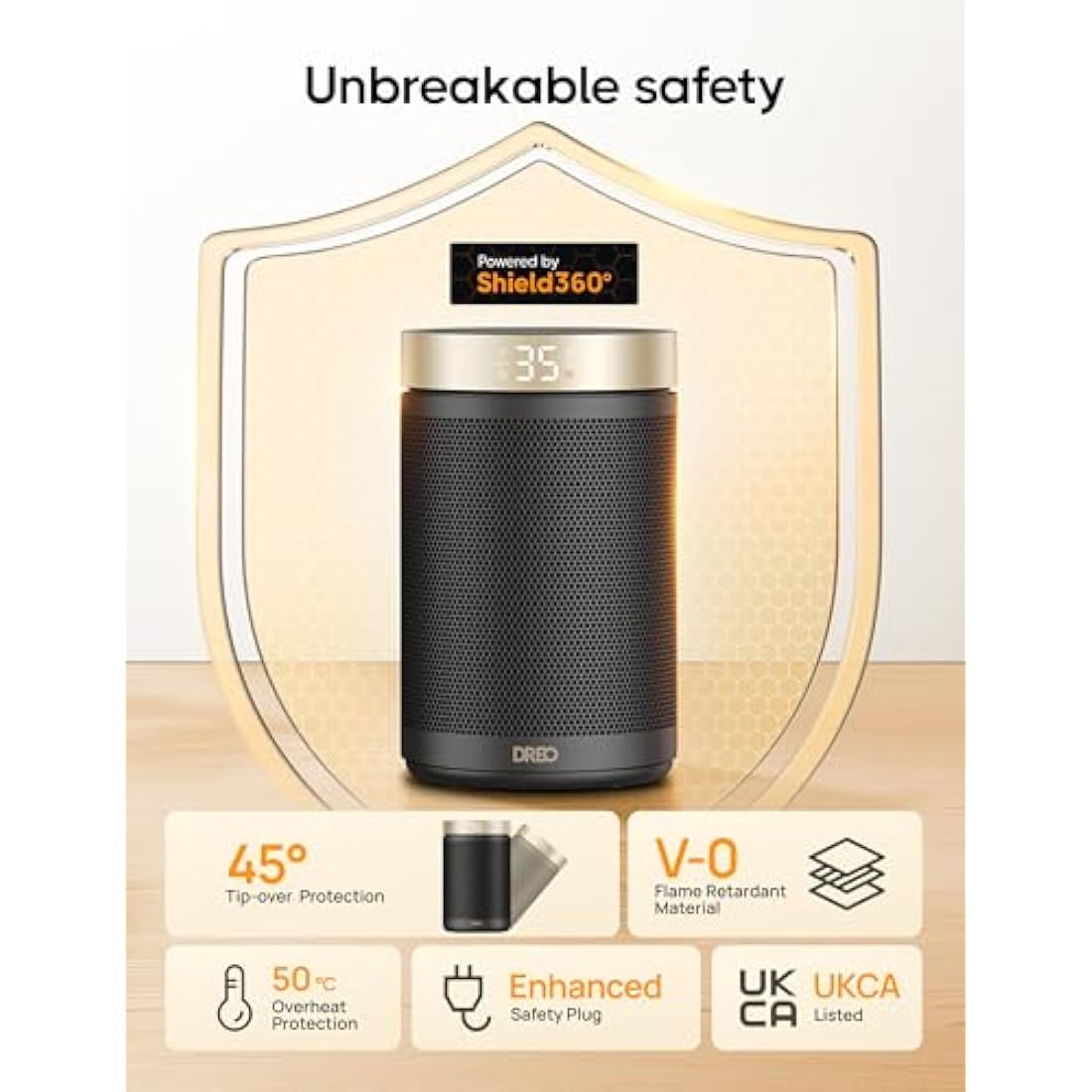 Dreo Electric Heater, 1500W Energy Efficient Space Silent Room Heater, Portable Ceramic Fan Heaters, Thermostat 3 Modes 12H Timer, Overheat & Tip Over Protection, for Bedroom, Atom 316, Gold