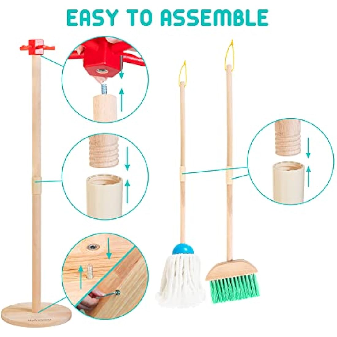 HELLOWOOD Kids Cleaning Set, 8 pcs Housekeeping Pretend Play Set Includes Broom Mop Duster Dustpan Brushes Rag and Organizing Stand, Cleaning Toys for Toddlers Girls Boys Age 3-6, Real Beech Wood