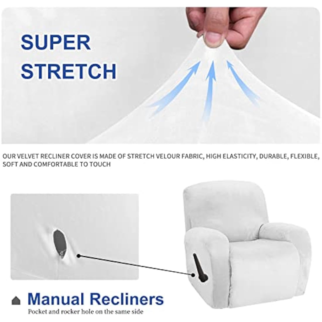 XINEAGE 4 Pieces Velvet Recliner Slipcover Stretch Recliner Chair Cover with Side Pocket Anti-Slip Fitted Recliner Cover Couch Furniture Protector with Elastic Bottom (Recliner, White)