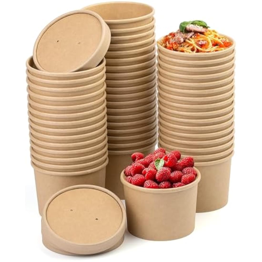 BUOKKON 50 Pack Ice Cream Containers, Soup Containers with Lids, Disposable Cups with Lids, Brown Kraft Soup Cups Paper Bowls Takeaway Tubs for Dessert (12oz / 350ML)