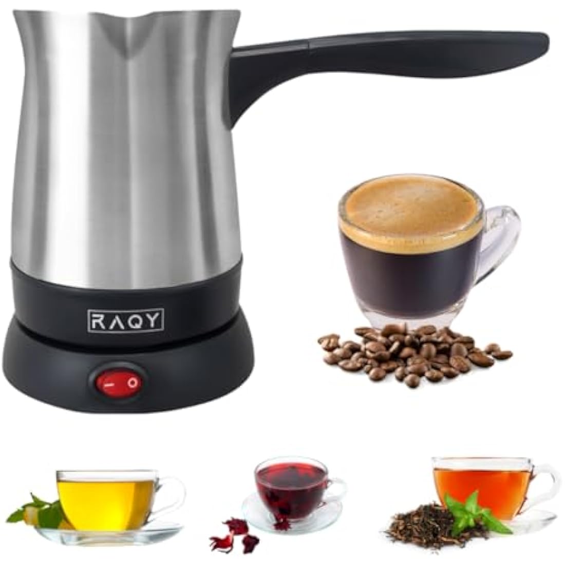 RAQY Electric Coffee Pot, Turkish Greek Coffee Maker, Stainless Steel, Rotational base, Capacity 250ml up to 500 ml, 800 W Power, Coffee, Espresso, Milk, Hot Chocolate, Portable Travel Stainless