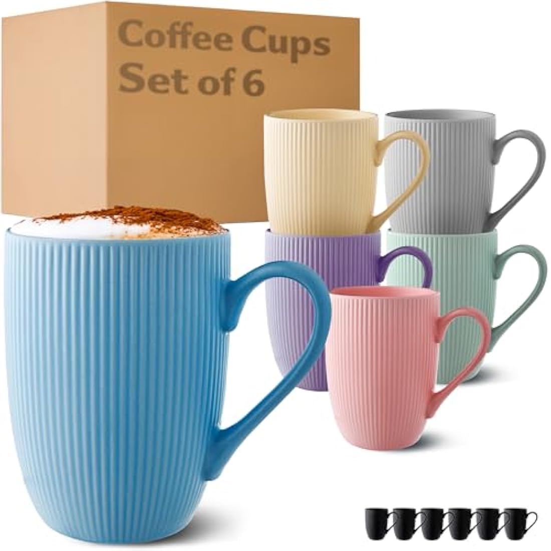 Cosumy Coffee Cups Ceramic 350ml - 6 Coffee Mugs in Modern Colourful Pastel Striped Pattern - Insulated Matt Ceramic - Microwave Safe - Dishwasher Safe & Comfortable Handle