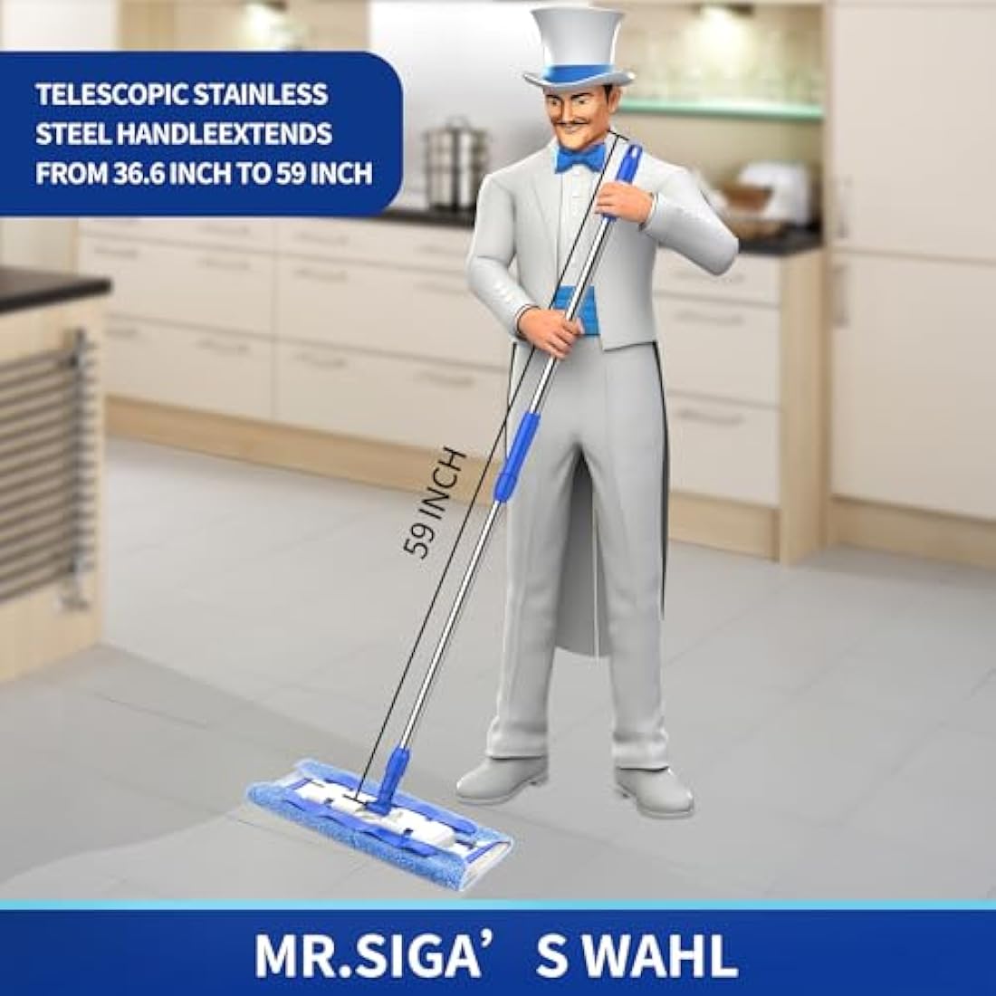 MR.SIGA Professional Microfibre Mop for Hardwood, Laminate, Tile Floor Cleaning, Stainless Steel Telescopic Handle - 3 Reusable Microfibre Cloths and 1 Dirt Removal Scrubber included