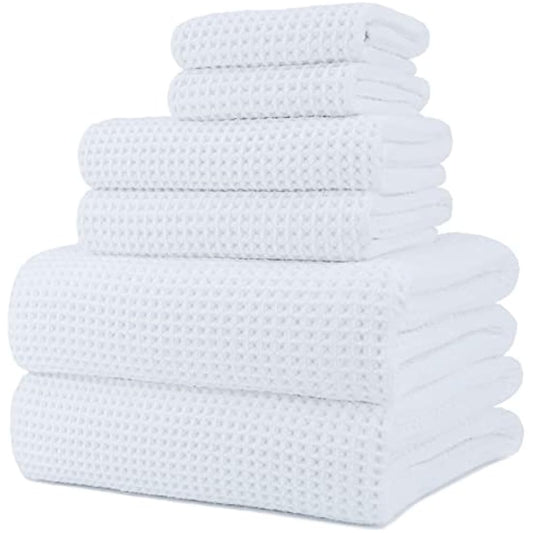 POLYTE Microfibre Oversize, 76 x 152 cm, Quick Dry Lint Free Bath Towel Set, 6 Piece White, Waffle Weave