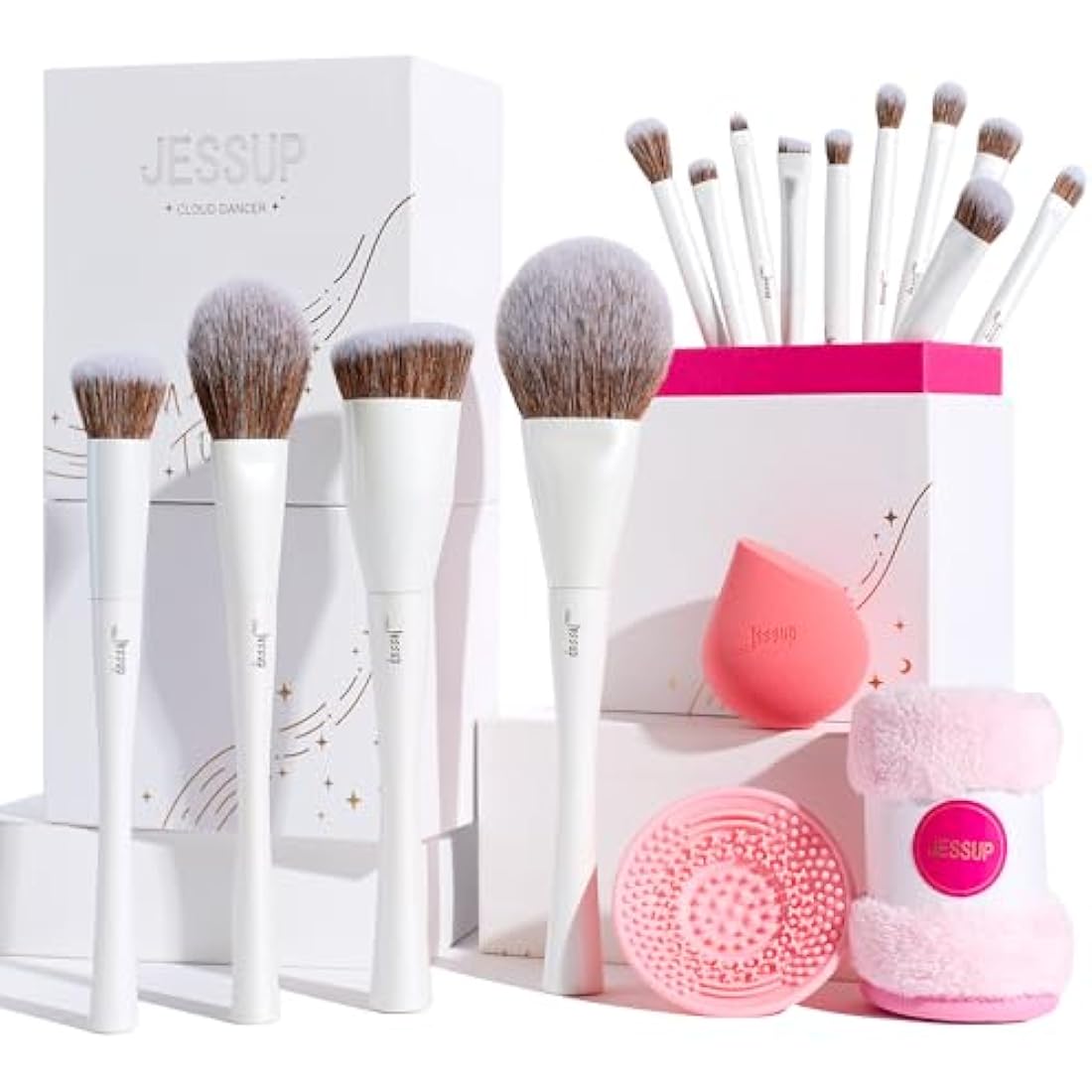 Jessup Makeup Brushes 14pcs Highend Make up Brush Set for Foundation, Concealer, Blush, Contour, Powder, Eyeshadow Brushes, Makeup Sponge, Cleaner and Towel, Pearl White T333