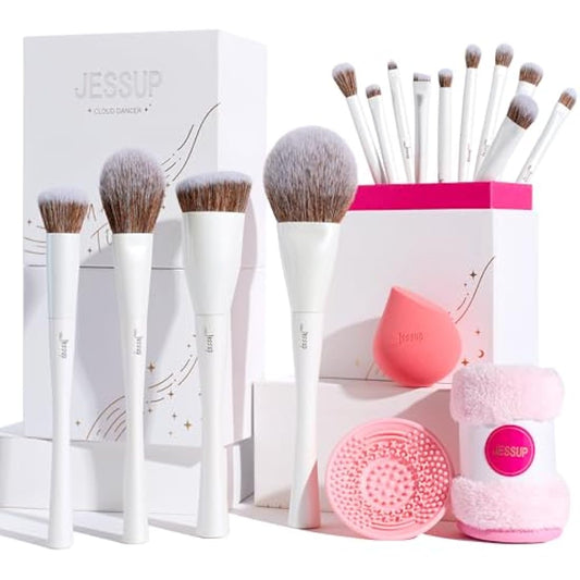 Jessup Makeup Brushes 14pcs Highend Make up Brush Set for Foundation, Concealer, Blush, Contour, Powder, Eyeshadow Brushes, Makeup Sponge, Cleaner and Towel, Pearl White T333
