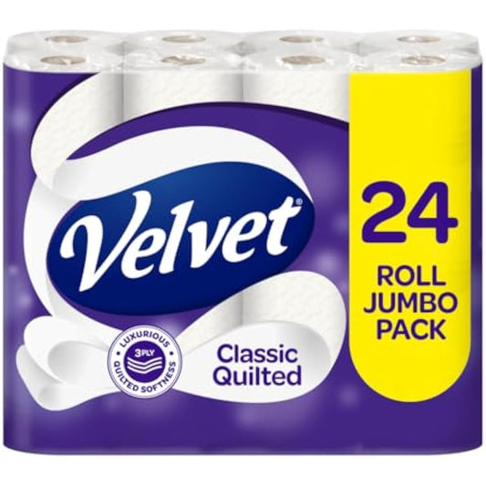 Velvet Classic Quilted Toilet Tissue 24 Rolls - Luxuriously Soft, Strong and Absorbent Toilet Roll - Jumbo Bulk Pack 24 Rolls - 3-ply - White
