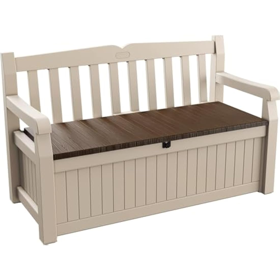 Keter Eden Bench 265L Outdoor 60% recycled Garden Furniture Storage Box Beige & Brown Wood Panel Effect | Fade Free | All Weather Resistant | Safe and Secure | Zero Maintenance | 2 year Warranty