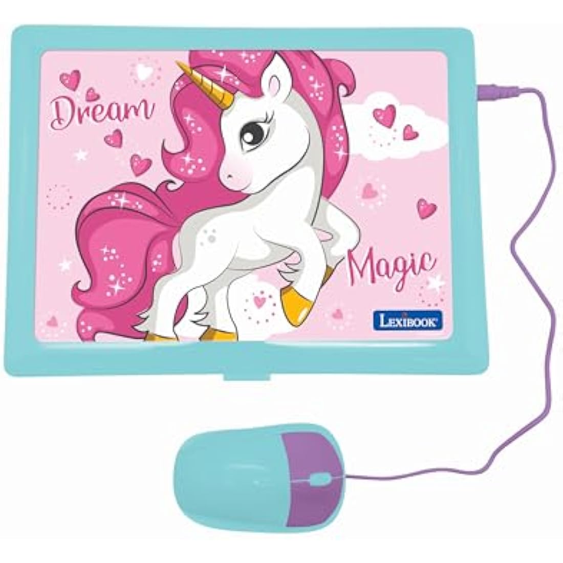 LEXIBOOK, Unicorn, Educational and Bilingual Laptop French/English, Toy for Children with 124 Activities to Learn Mathematics, Dactylography, Logic, Clock Reading, Games and Music, Pink, JC598UNIi1