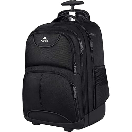 MATEIN Travel Backpack with Wheels, Rucksack with Wheels Cabin Size Wheeled Backpack 17inch Laptop Trolley Business Cabin Bag Carry On Suitcase Hand Luggage School Backpack for Women, Men, Uni, Black