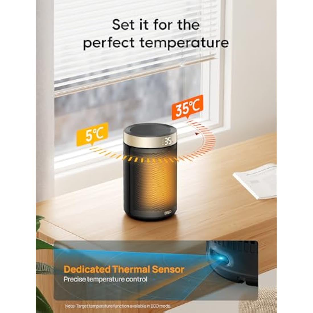 Dreo Electric Heater, 1500W Energy Efficient Space Silent Room Heater, Portable Ceramic Fan Heaters, Thermostat 3 Modes 12H Timer, Overheat & Tip Over Protection, for Bedroom, Atom 316, Gold