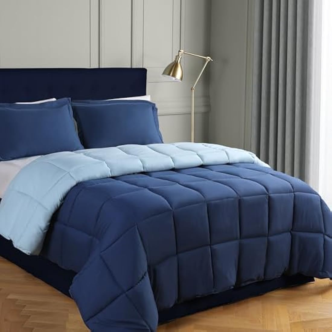 HIG 3 Pieces Navy Blue Coverless Duvet King - 240 x 220cm - Cassette Box Construction - Corner Duvet Tabs - Solid Reversible 10.5 Tog Comforter Set - 100% Down Alternative & Breathable Bedding