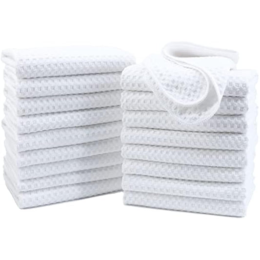 POLYTE Ultra Premium Microfibre Kitchen Dish Tea Towel Waffle Weave, 18 Pack 40x71 cm, White