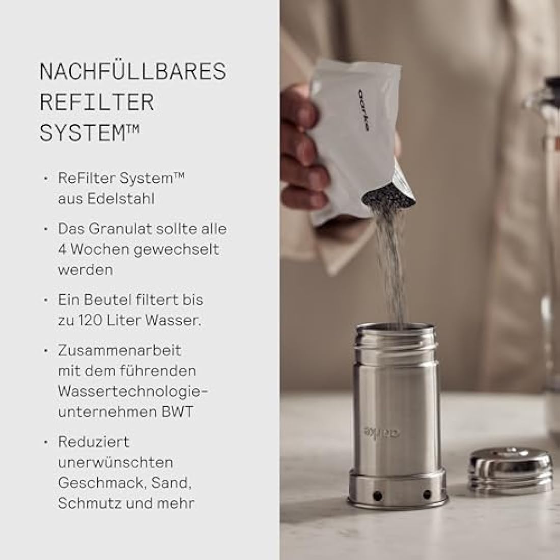 Aarke Purifier Water Filter Jug 1.2L/5 cups Glass & Stainless Steel – Includes Pure Filter Refill Bag