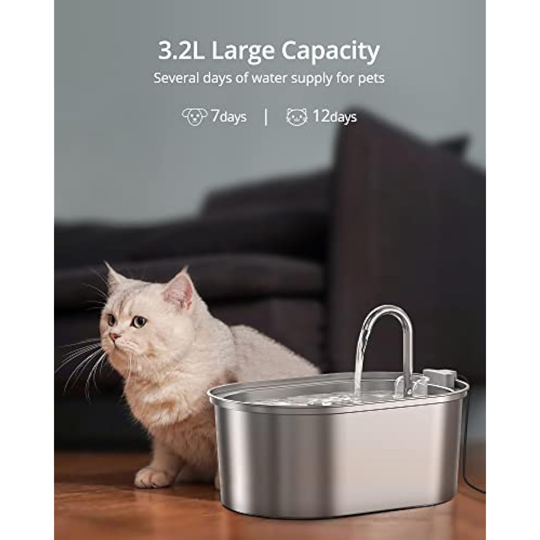 Petace Stainless Steel Cat Water Fountain, Pet Drinking Fountain with Quiet Pump, 3.2L Water Dispenser for Small Cats and Dogs, 4 Replacement Filters Included