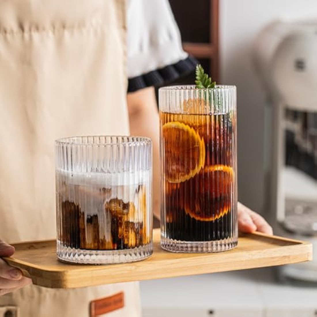 INSETLAN 8 Piece Ribbed Glassware - 4 Highball Glasses 12 oz, 4 Rocks Glass Cups 14 oz, Vintage Cocktail Drinking Glasses, Ideal for Wine, Juice, Water, Ice Coffee Cup, Whiskey, Mixed Drinkware
