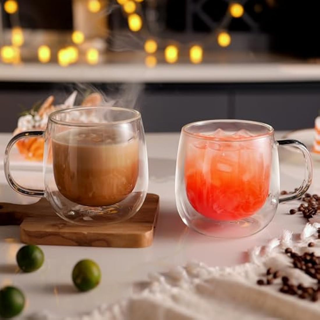 CNGLASS 480ml/16oz Double Walled Glass Coffee Mugs Set of 4,Large Clear Coffee Cups with Handle,Glass Cappuccino Mugs for Latte,Milk,Tea