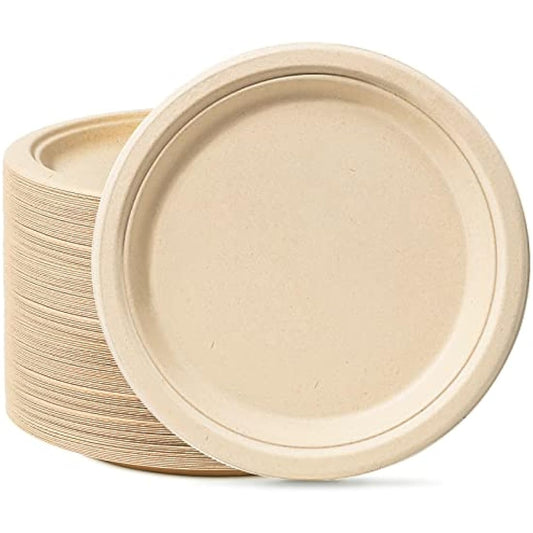 GREENESAGE Rigid 10 inch 100 Pack Disposable Paper Brown Plates Sugarcane Large Strong Dishes for Picnic Wedding Party BBQ