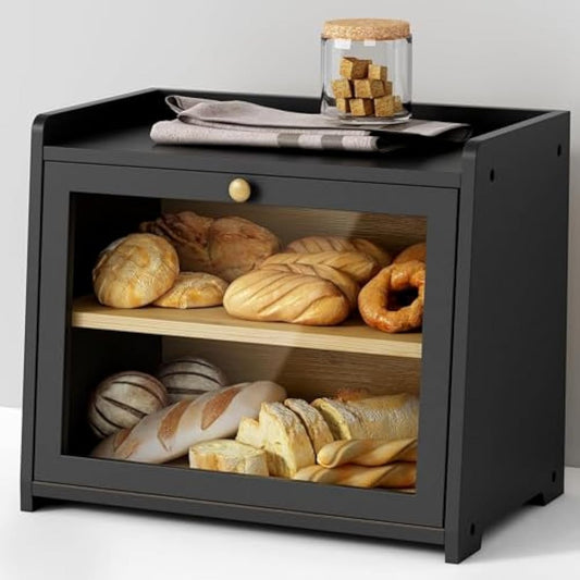 Cookery Wooden Bread Bin with 2 Levels for Bread Storage made of Bamboo wood Bread Box Extra Large Storage Box Counter Top for Kitchen Storage needs to be assembled
