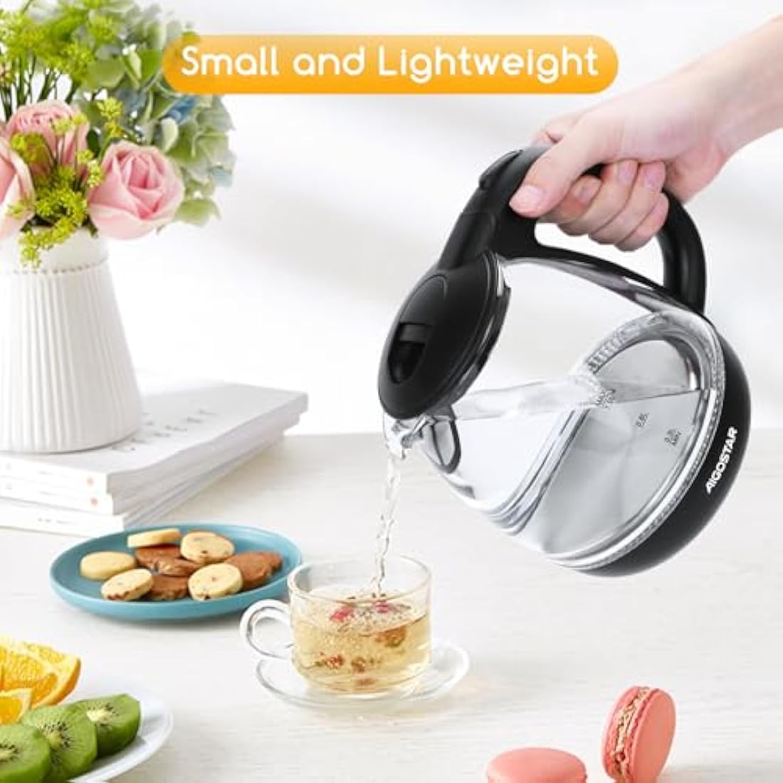 Aigostar Small Electric Kettle, 1.0L Black Glass Kettle Cordless, Compact Mini Clear Water Tea Kettle Fast Quiet Boil for Kitchen Bedroom Office, 2200W - Elfin 30A0Q
