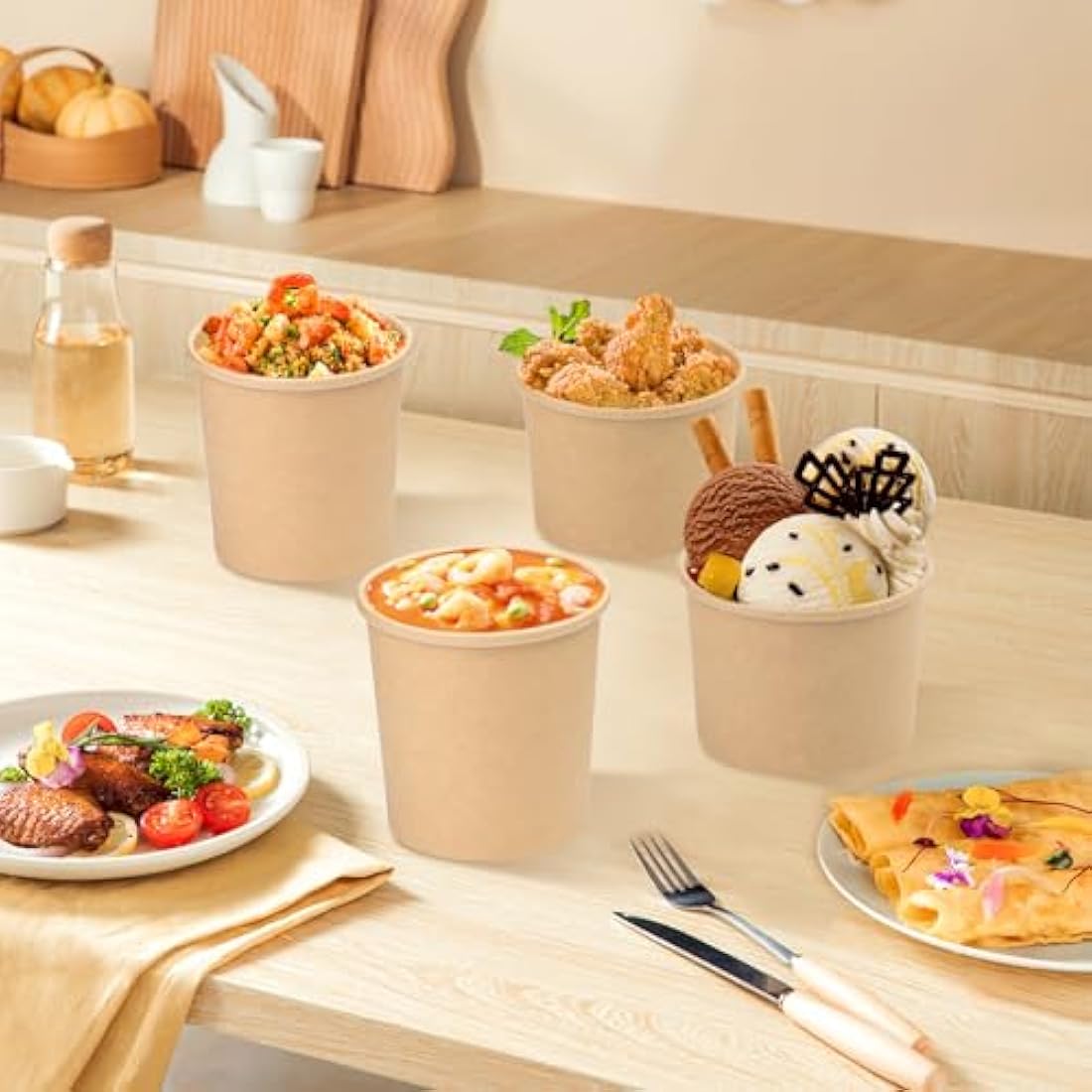 BUOKKON 50 Pack Ice Cream Containers, Soup Containers with Lids, Disposable Cups with Lids, Brown Kraft Soup Cups Paper Bowls Takeaway Tubs for Dessert (12oz / 350ML)