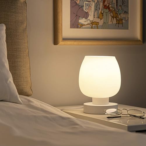 ONEWISH Touch Bedside Table Lamp Set of 2 - Small Modern, 3-Way Dimable Desk lamp with White Opal Glass Lamp Shade, 3000K LED Bulb, Simple Design Home Décor for Bedroom Living Room Nightstand