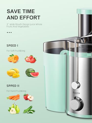 Juicer, Reemix Centrifugal Juicer Machines Whole Fruit and Vegetable, 3-inch Wide Mouth Juicer Extractor with 2 Speeds, Brush Included Easy to Clean