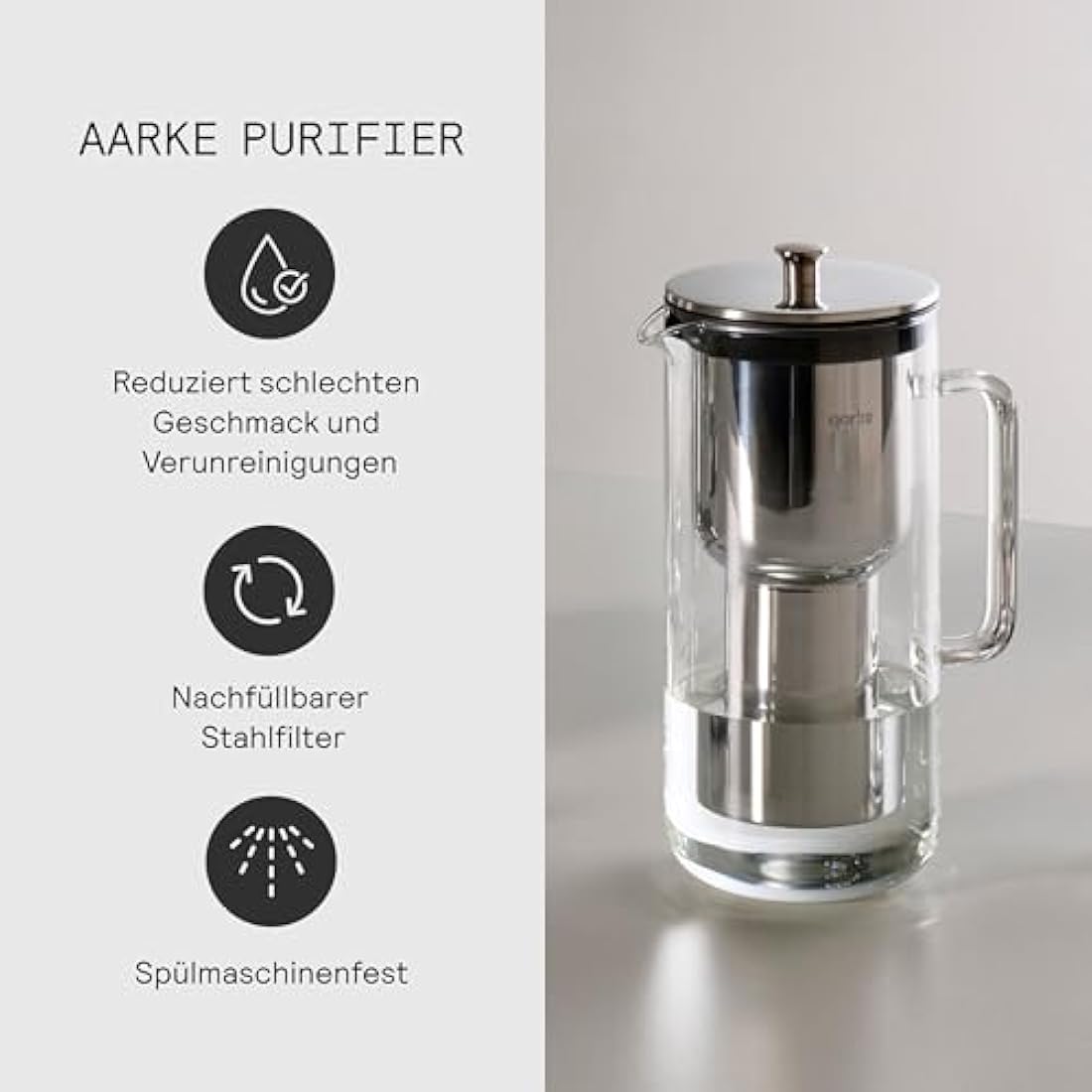 Aarke Purifier Water Filter Jug 1.2L/5 cups Glass & Stainless Steel – Includes Pure Filter Refill Bag