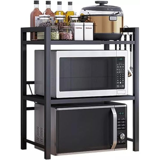 Multibao Expandable Microwave Shelf, 3 Tier Microwave oven Rack Stand Storage Holder Kitchen Corner Shelf Desktop Printer Shelf Rack, Bakers Rack (Black)