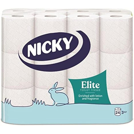 Nicky Elite Scented Toilet Tissue | 24 Rolls of White Toilet Paper| 3-ply | Talc Scent | Softness to The Skin | Enriched with Lotion |100% FSC Certified Paper | Extra Value Pack