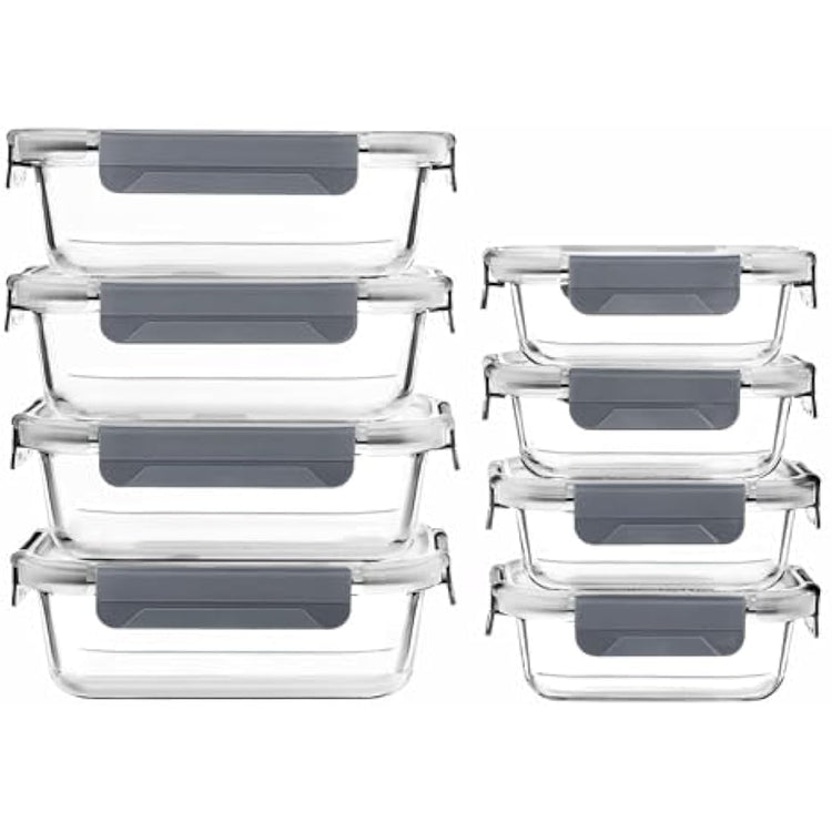 Vtopmart Glass Containers with Lids, 8 Pack Glass Meal Prep Containers, Lunch Box with BPA Free, Stackable, High Temperature Resistance, for Freezer, Camping